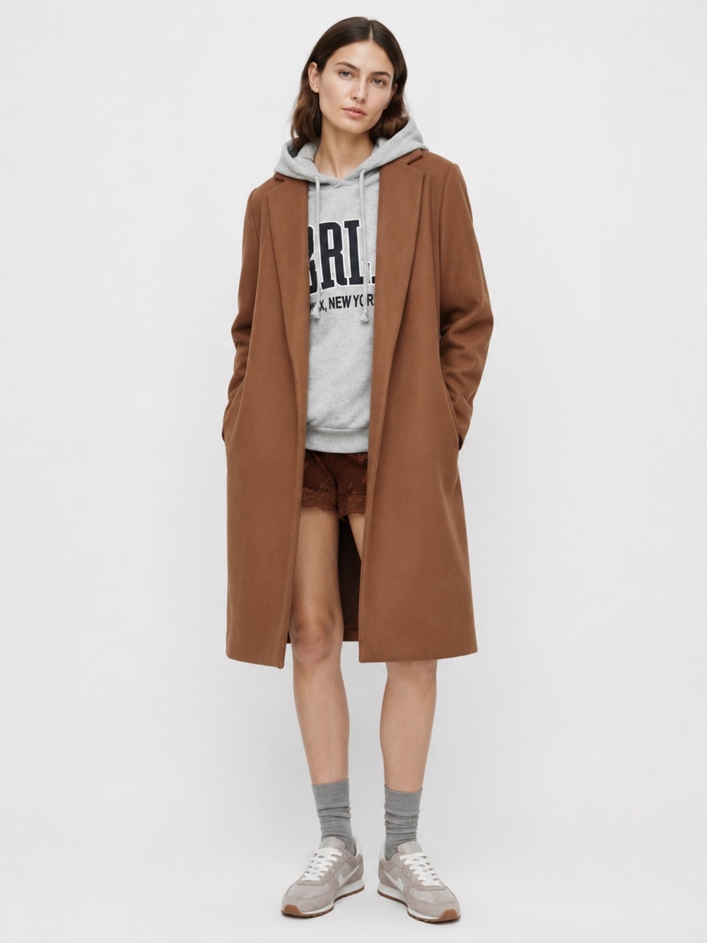 Zara Women L Camel Brown Open Lapel Long Coat Minimalist Quiet Luxury Overcoat